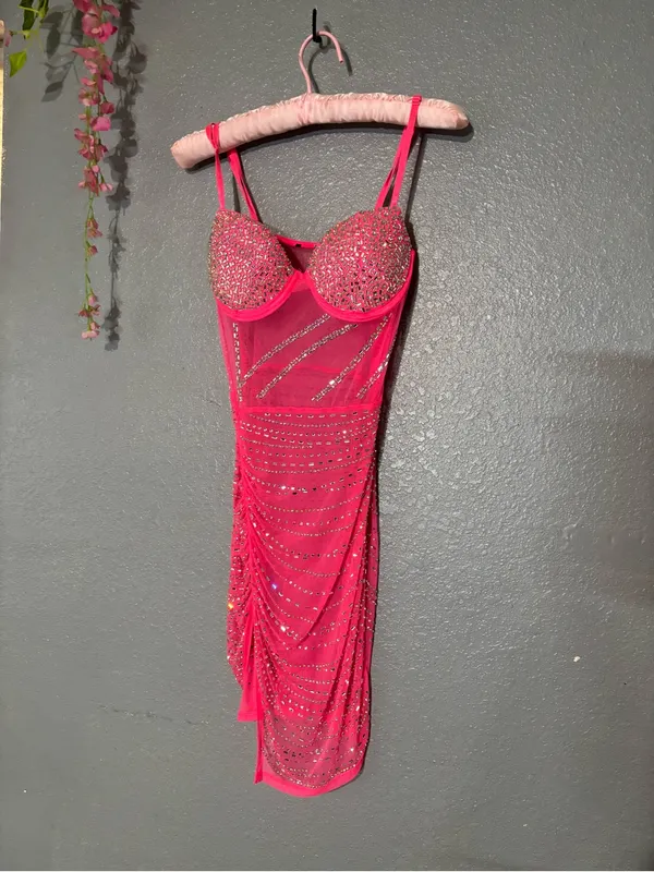 Hot Pink Embellished Mesh Bodycon Dress - Image 6