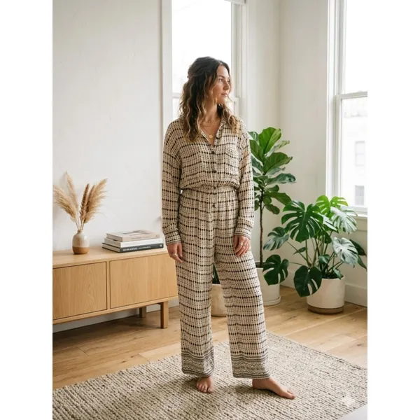 Free People Jen's Pirate Booty Geometric Jumpsuit Cream Black Large Boho - Image 2