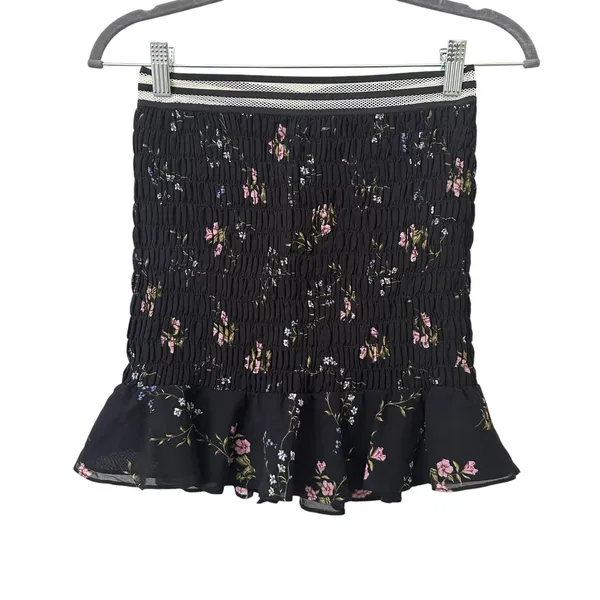 FOR LOVE &‎ LEMONS Odette Smocked Silk Floral Mini Skirt Black Small - Image 2