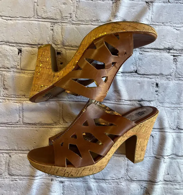 Sofft Brown Leather Cut Out Design Sandals Heels Cork Natural Size 11 Artsy Boho - Image 8