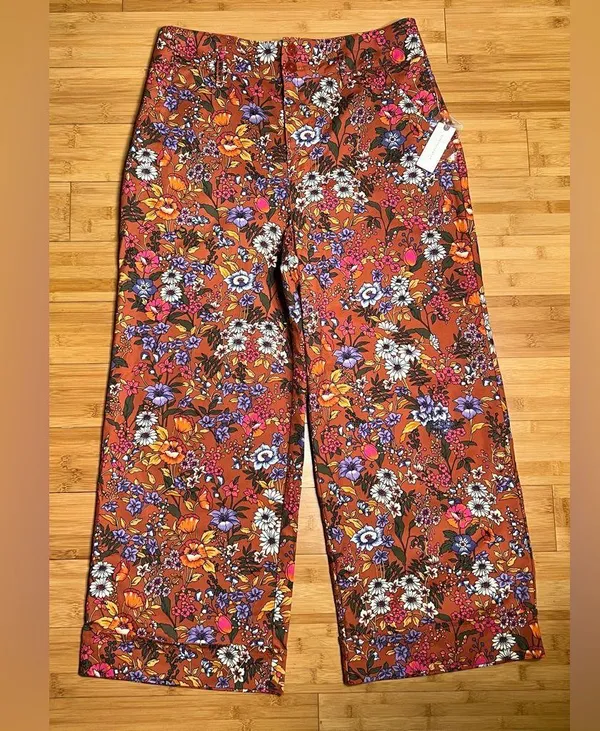 Anthropologie Maeve Floral Flower Power Wide Leg High Waist Crop Pants|Size:14 - Image 3