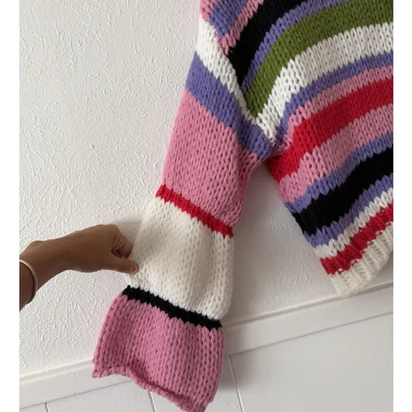 BiBi Sweater M Chunky Knit Striped Bell Sleeve Crop Pullover Colorful Boho NWT - Image 5
