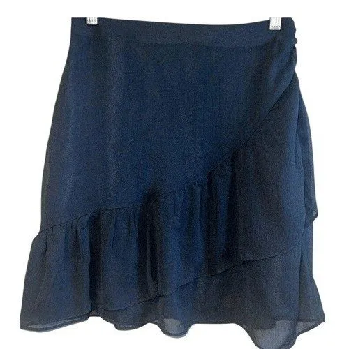 EXPRESS Black Chiffon Layered Faux Wrap Ruffle Trim‎ Mini Skirt EUC Size 4 - Image 2