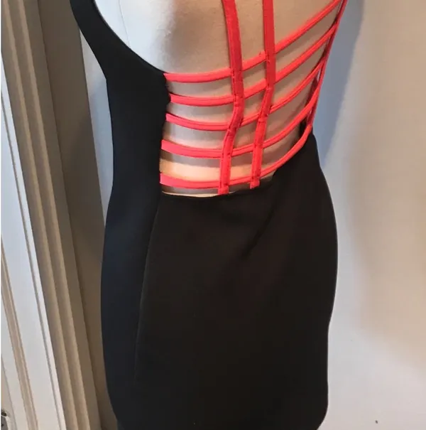 Mimi Chica Neon Pink Caged Back Black Bodycon Dress - Image 5