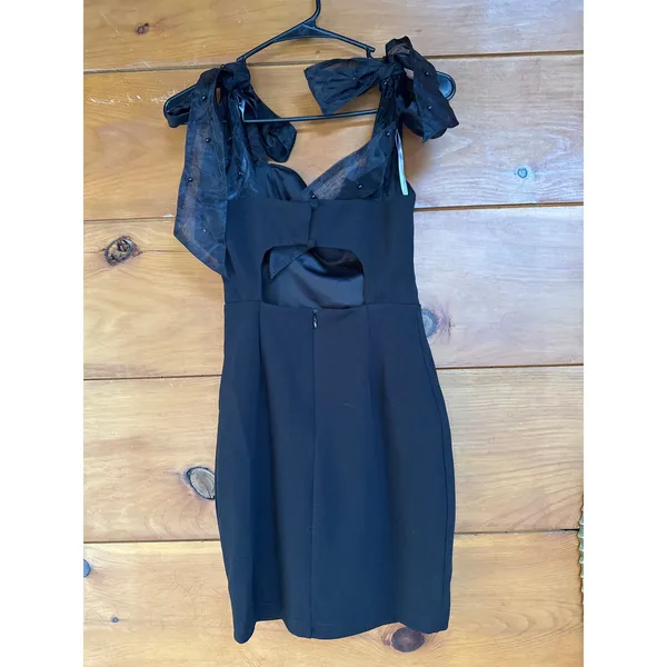 Lulus Beaming Perfection Black Beaded Organza Tie-Strap Mini Dress LBD Size XS - Image 4