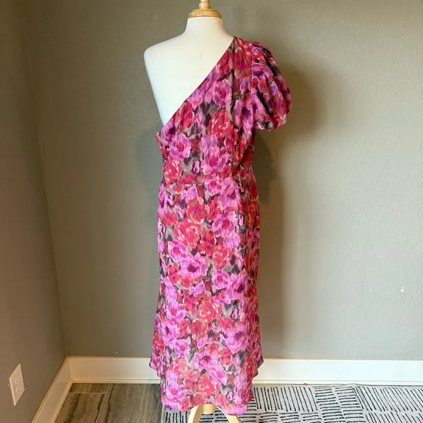 Showpo Floral One Shoulder Ruffle Midi Dress Pink NWT 14 - Image 3
