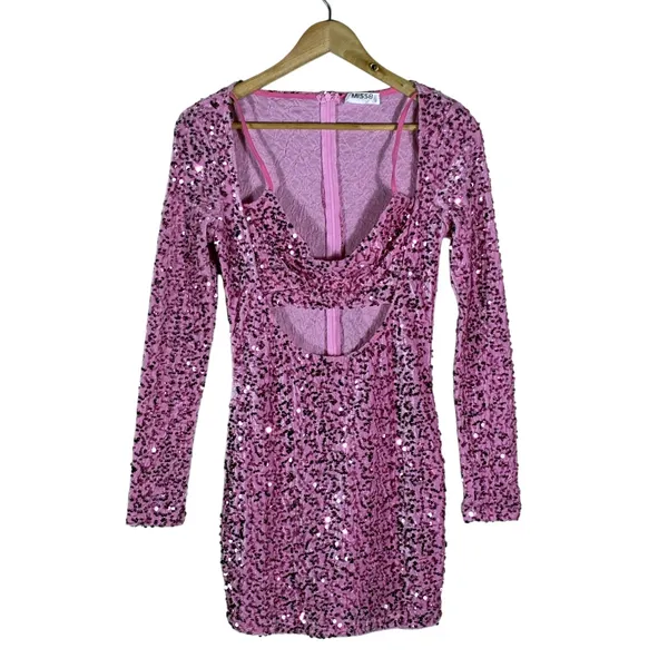 MI558 Sexy Cutout Sparkly Sequin Mini Dress Pink Glam Party Birthday Size S - Image 2