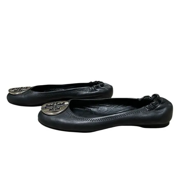 Tory Burch Reva Ballet Flats Women’s‎ 6.5 Travel Black Leather Silver Medallion - Image 3