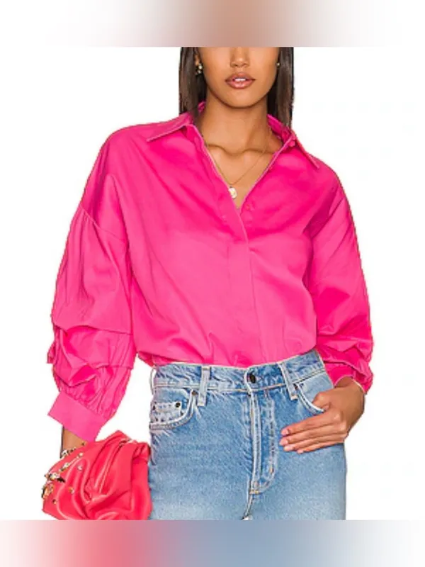 Alice + Olivia Edyth Drapey Sleeve Button Down Pink Collared Top MEDIUM - Image 3