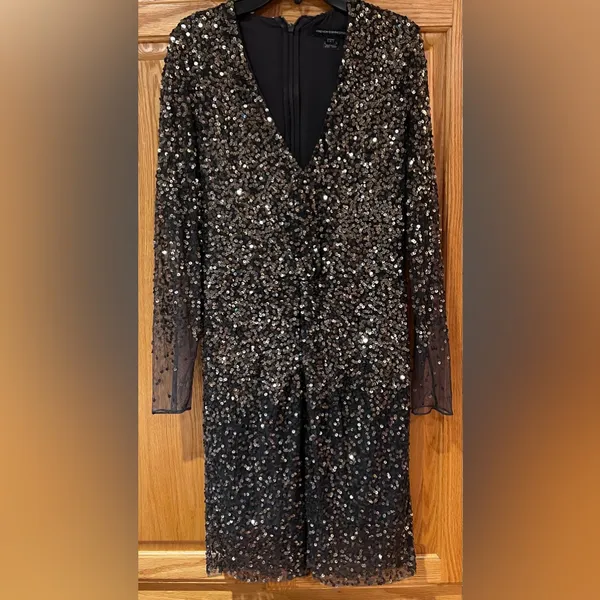 French Connection Emille Sparkle Black & Gold‎ Sequined Dress Sheer Sleeves Sz 4 - Image 4