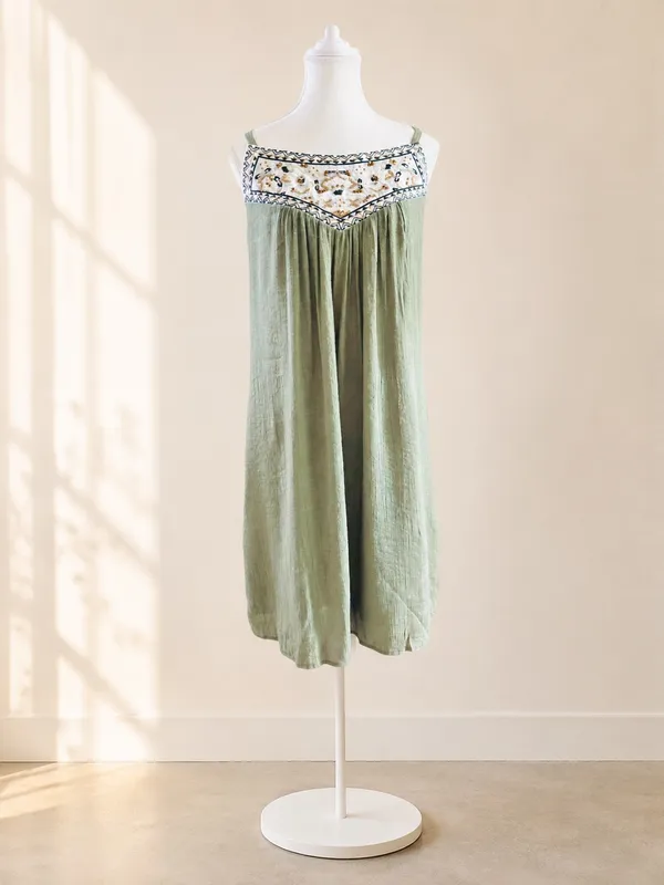 Westport Sage Green Embroidered Boho Dress L - Image 2