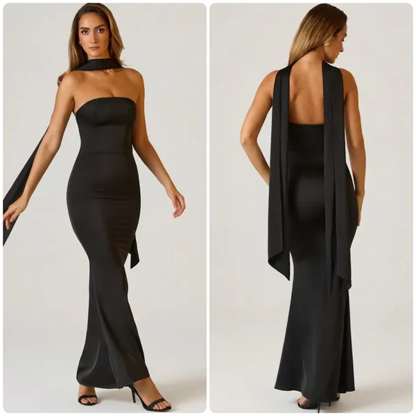 Oh Polly Mandi Scarf-Detail Strapless Gown Maxi Dress in Black size 6 New - Image 2