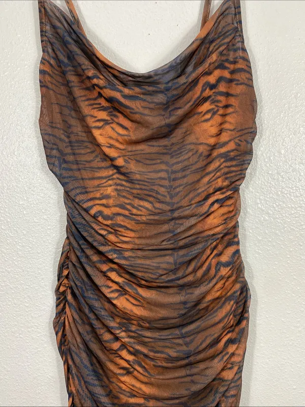 Princess Polly Brown Tiger-Print Ruched Mini Dress Size 2 - Image 5