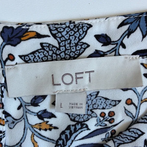 LOFT‎ Womens Blue White Floral Botanical Long Sleeve Blouse Keyhole Back Large - Image 4