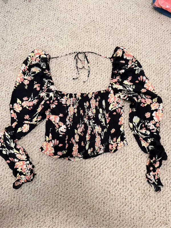 Free People NWT Hillary Top Floral Milkmaid Puff Sleeve Lace Up Crop Top‎ XS - Image 8