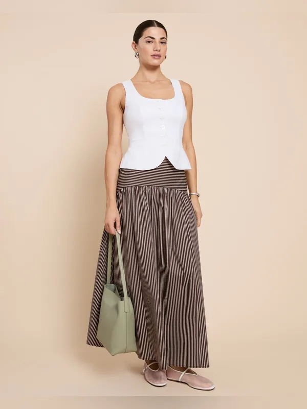 NWT Few Moda Vashti Skirt size 2 Coffee Brown Stripe maxi o.p.t cotton - Image 3