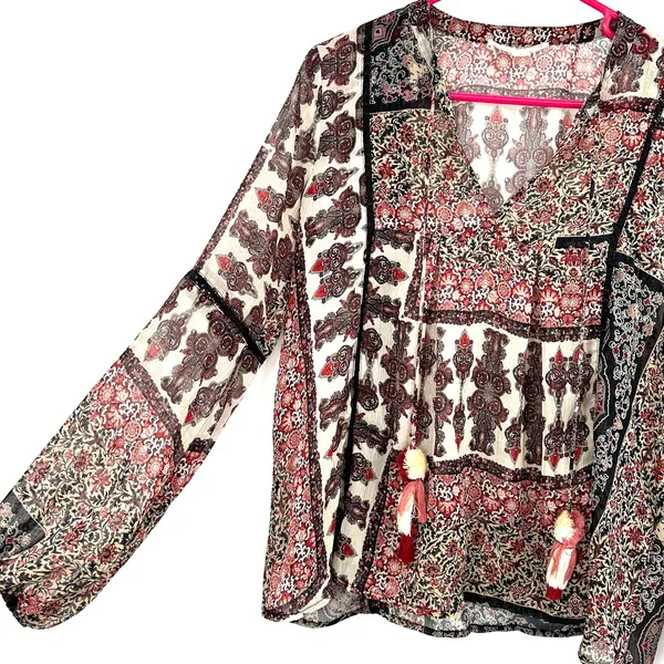 Love Stitch Size Small Blouse Brown Neutrals Paisley Boho Print Sheer‎ Overshirt - Image 3