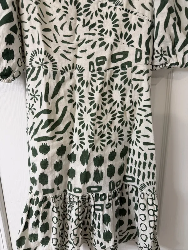 ADL‎ 100% Linen Mini Dress Geometric Pattern Green and Off White Size Medium - Image 5