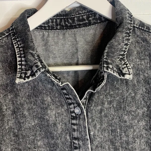Charcoal Gray Black Acid Wash Button-down Short-sleeve Babydoll Dress W-672 Sz S - Image 4