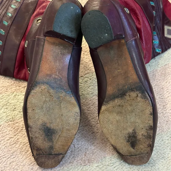 Vintage 80s Vita Mori Burgundy Geometric Western Revival Art‎ Deco Leather Boots - Image 11