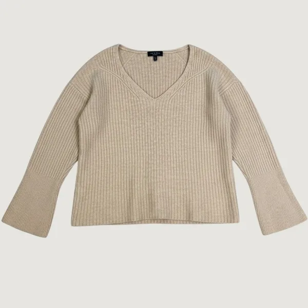 Rag & Bone Sweater‎ XS Oatmeal 100% Merino Wool Ribbed V Neck Bell Sleeve - Image 3