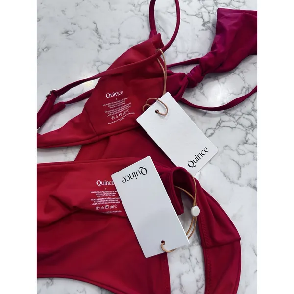 NWT Quince Cherry Red Knot Tie Bikini Top & High Leg Dipped Bottom Set Small - Image 3