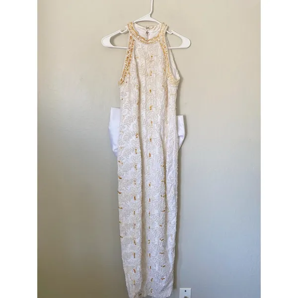 Vintage 90s Pearl Beaded Wedding Gown Size 12 Back Bow Old Money Bridal Dress - Image 3
