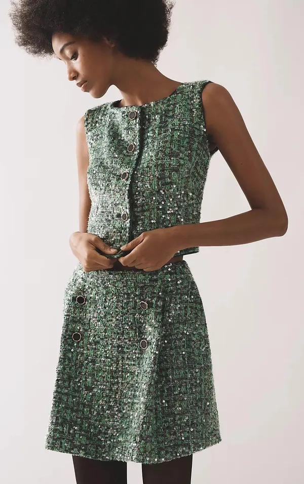 Anthropologie NWT Maeve Sequin Tweed Vest in green. Size Small - Image 5
