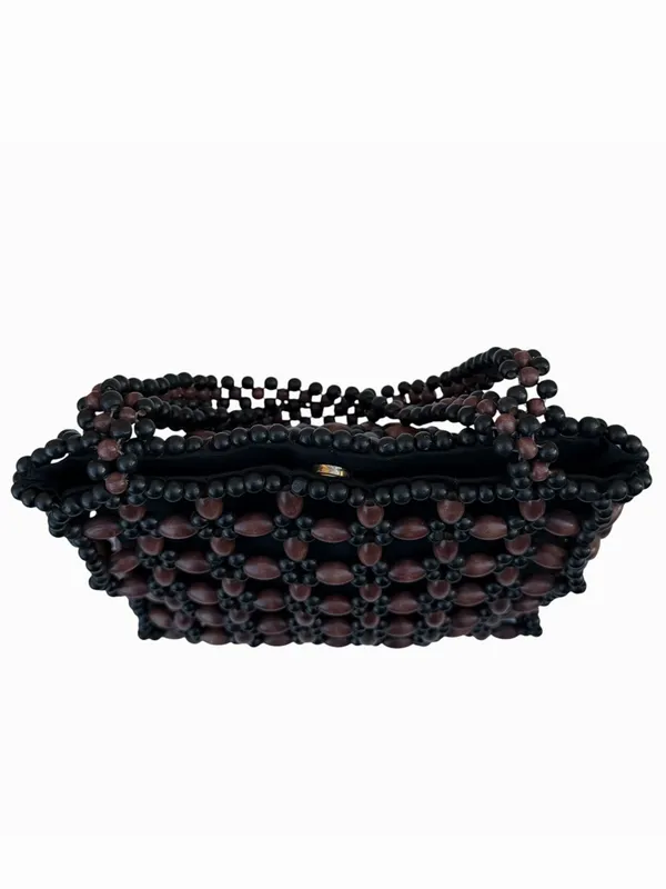 Wooden Black Brown Beaded Double Strap Snap Shoulder Bag - Image 4