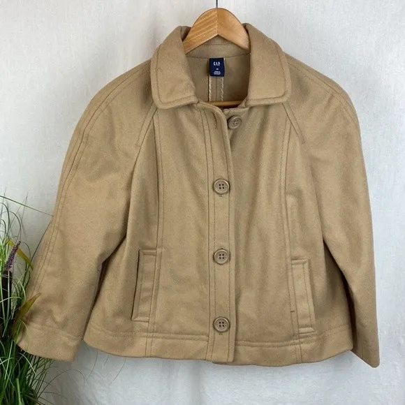 Gap Women's Tan Wool Blend Cropped Winter Pea Coat M - Image 2