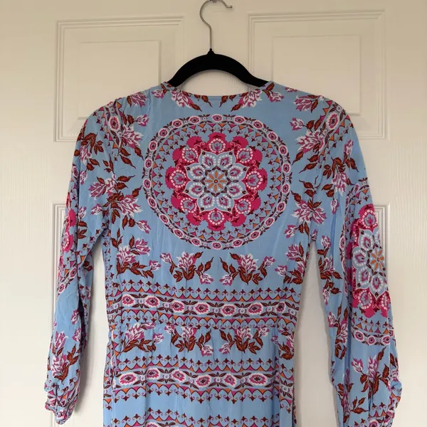 Entro Long Sleeve Blue Pink Floral Bohemian Button Down Maxi Dress Size Small - Image 8