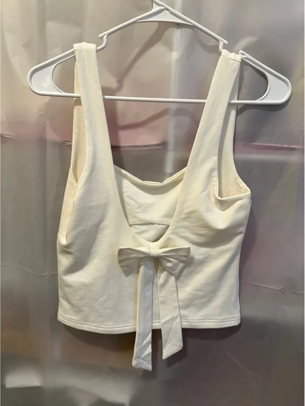 edilkited White Crop Tank Top with Back Bow Tie, Size Small - Image 2