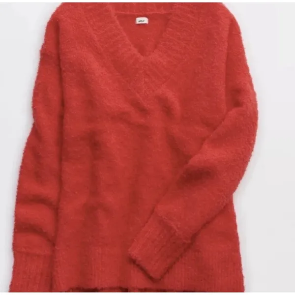 New Aerie Fuzzy Plush Teddy Oversized V-Neck Sweater Red Women's Size XXL Cozy - Image 2
