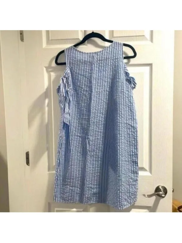Ces Femmes Blue and White Seersucker Striped Cold Shoulder Shift Dress - Image 7