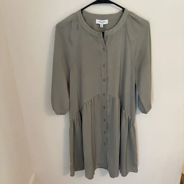 Gilli Sage Green Button Front Dress Womens Small Balloon Sleeve Tiered - Image 5