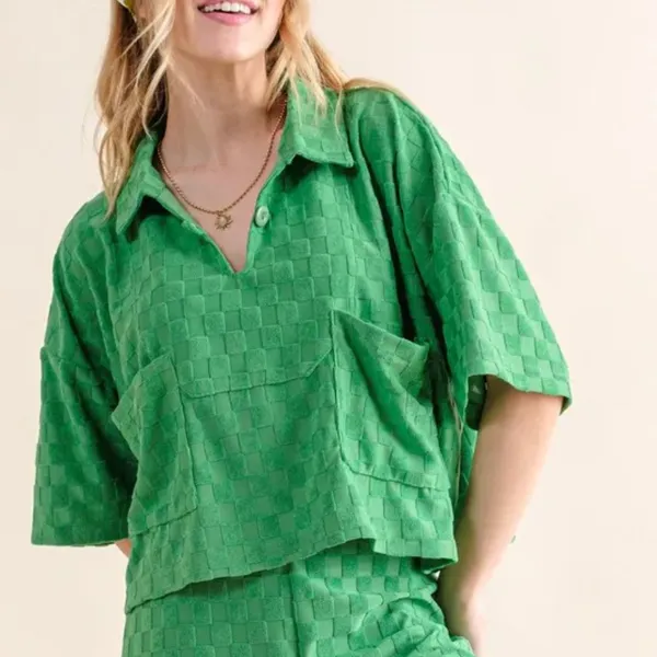 ✨NWT And The Why Brushed Texture‎ Checker Board Pattern Casual Top Green Size M - Image 2
