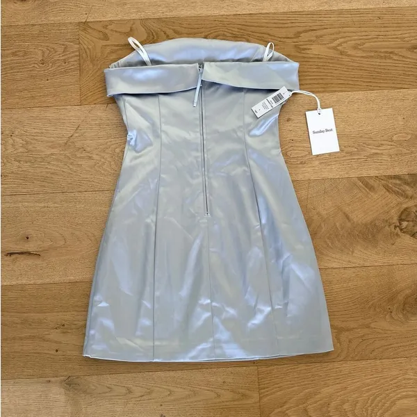 Aritzia - Sunday Best Shimmer Satin Tube Dress in Silver Blue - Image 3