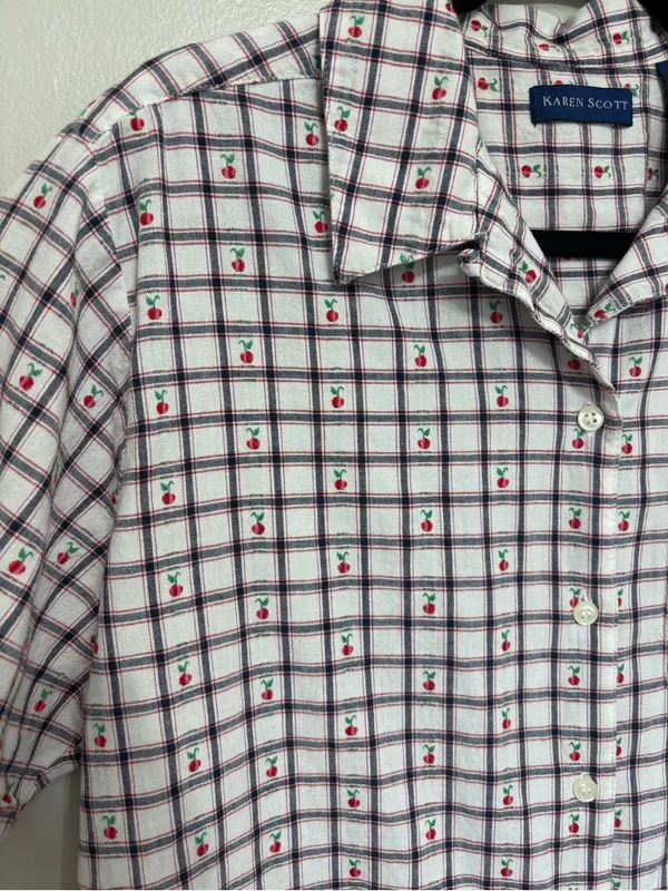 Karen Scott Vintage Women’s Americana Farmhouse Cherry Print Cotton Button Down - Size L - Image 4