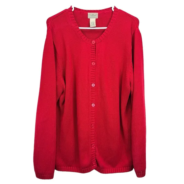 LL Bean Red Cable Knit Cotton Button Up Cardigan Sweater Size XL - Image 2