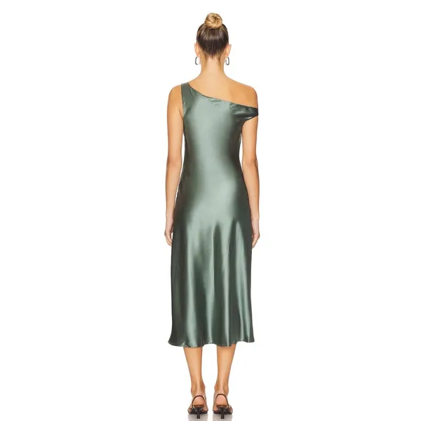 ASTR The Label Elain One Shoulder Satin‎ Midi Dress Sage Green Women's Large - Image 3