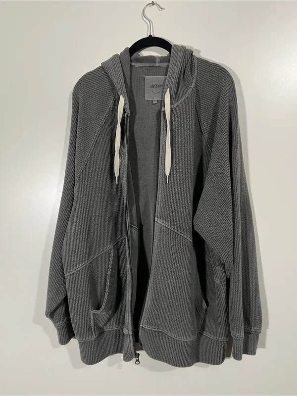 Aerie Waffle Full Zip Jacket Dark Gray Size Medium Baggy Size Medium Batwing - Image 5