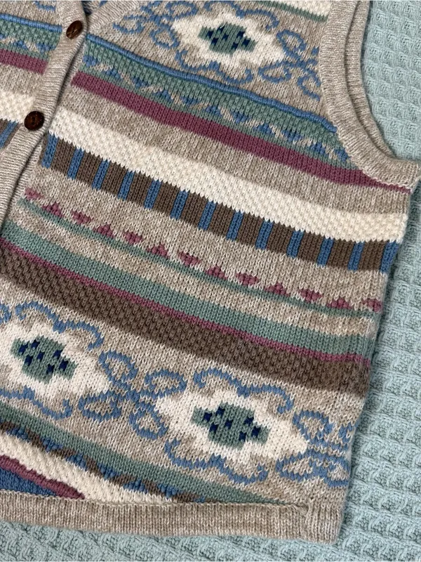 Vintage Hand Embroidered Christopher & Banks Sweater Vest Large Tan Mauve 90s - Image 2