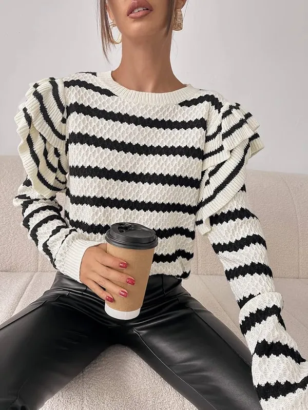 Shein Ruffle Shoulder Striped Knit Sweater - Image 4
