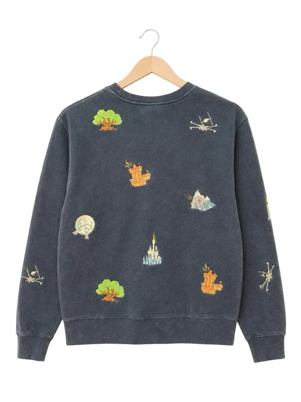 Disney Parks Embroidered Ride Icons Crewneck Sweatshirt Blue Fleece unisex men M - Image 2
