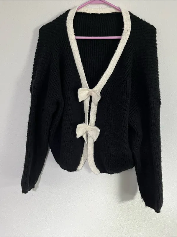 SHEIN Black & Cream Bow-Trim Cardigan Sweater - Women's size M - Image 6