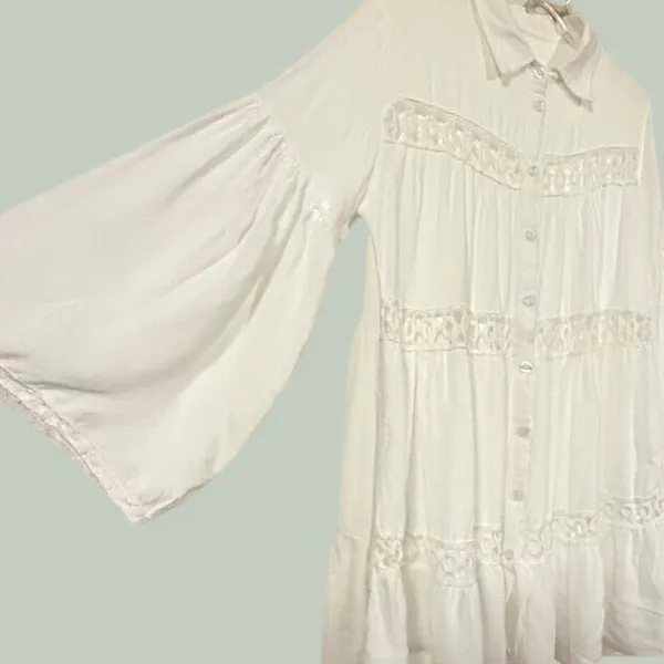 Boho White Tiered Button‎ Down Tunic Crochet Lace Bell Sleeve Top - Image 3