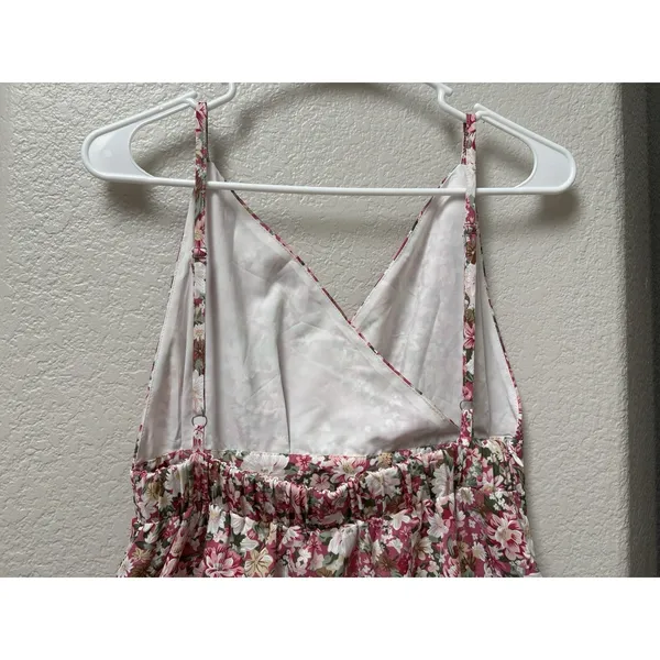 Pink Floral Ruched Mini Sundress Strappy Backless Sweetheart Romantic Sz Medium - Image 7