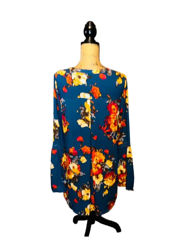 Women's Blu Pepper Floral Long Flutter Sleeve Dress Size M Blue Orange - Image 3