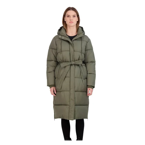 Sebby Collection Womens Long Belted Puffer Coat with Hood Jacket Olive Green S - Image 9