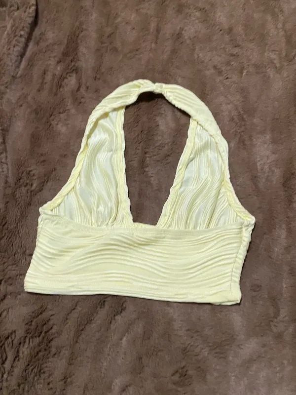 SHEIN ICON Solid Backless Halter Top Pastel Yellow Size XS - Image 4